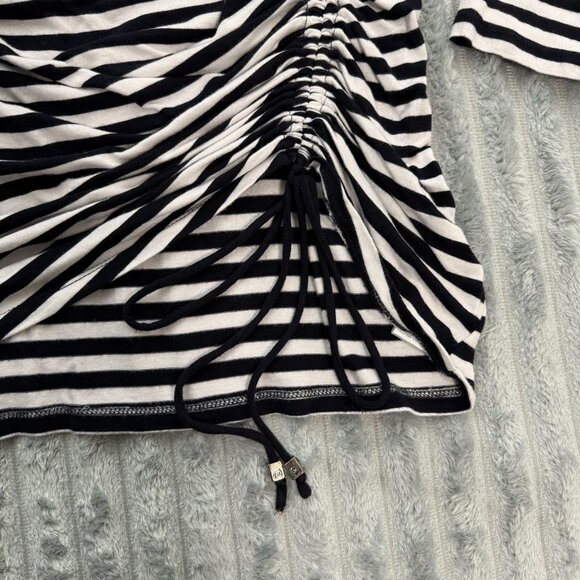 Michael Kors Top Womens XL Black White Stripe Nautical Preppy Long Sleeve Ruched - Picture 4 of 10